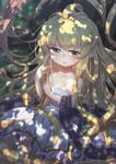  absurdly_long_hair ahoge bangs bare_shoulders blonde_hair blush collarbone dress eyebrows eyebrows_visible_through_hair flat_chest granblue_fantasy grass green_eyes hair_between_eyes hair_ornament harvin living_hair long_hair looking_away looking_to_the_side melissabelle mizunashi_(second_run) open_mouth outdoors pointy_ears prehensile_hair shadow sitting solo strap_slip sunlight tree under_tree very_long_hair white_dress 