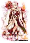  2015 animal_ears armpits bare_shoulders breasts cleavage closed_mouth commentary_request dated detached_sleeves dress fire flower flower_knight_girl fox_ears fox_girl fox_tail full_body hair_flower hair_ornament higanbana_(flower_knight_girl) highres holding holding_staff japanese_clothes kimono kitsune kyuubi large_breasts long_hair long_sleeves looking_at_viewer moneti_(daifuku) multiple_tails nail_polish official_art pink_nails red_eyes shakujou side_slit sidelocks smile solo spider_lily staff tail very_long_hair white_background white_dress white_hair wide_sleeves 