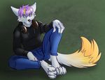  anthro canine clothed clothing cybercat fur hair headphones looking_at_viewer male mammal sitting solo spread_legs spreading 