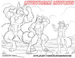  anthro beach canine clothing cybercat flexing group jackal looking_at_viewer male mammal monochrome muscular outside seaside speedo standing swimsuit 