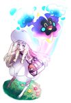  ^_^ absurdres bad_id bad_pixiv_id bag bangs blonde_hair blunt_bangs blush_stickers braid closed_eyes commentary_request cosmog dress duffel_bag flower gen_7_pokemon green_eyes green_footwear hand_on_headwear hat highres kouno_sumiko lillie_(pokemon) long_hair looking_up open_mouth poke_ball_symbol pokemon pokemon_(creature) pokemon_(game) pokemon_sm shoes signature simple_background sleeveless smile sparkle sun_hat sundress twin_braids very_long_hair white_background white_dress white_hat white_legwear 