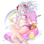  bikini bird bracelet breasts chicken crossed_legs cup drink drinking_glass floating_hair flower flying_fish fruit_bowl giuniu hair_flower hair_ornament halter_top halterneck hibiscus holding holding_cup inflatable_chair jewelry large_breasts light_blue_hair long_hair looking_at_viewer navel official_art one_eye_closed plumeria queen_mary_(uchihime) rainbow sitting smile solo sparkle swimsuit transparent_background uchi_no_hime-sama_ga_ichiban_kawaii underboob water wet yellow_eyes 