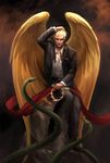  angel_wings artist_request bad_source bird_wings blonde_hair crown dc_comics formal golden_wings large_wings looking_at_viewer lucifer_(series) lucifer_morningstar male_focus sitting smile snake solo suit wings 