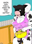  anon anthro apron balls batter big_breasts big_butt bovine bowl breasts butt cattle clothing counter dialogue digital_media_(artwork) female fondling grope herm human intersex kitchen mammal mature_female nipples thepainfultruth 