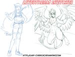  animal_humanoid anthro avian canine clothed clothing cybercat duo feathered_wings feathers female fox fox_humanoid gryphon humanoid looking_at_viewer mammal nude sketch smile standing wings 