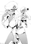  ? bangs beret bike_shorts blunt_bangs boots breasts cleavage closed_mouth coat combat_boots cross-laced_footwear dark_skin dress_shirt emblem fish forge-chan_(splatoon) greyscale hat holding holding_weapon inkling large_breasts light_smile long_hair looking_at_viewer monochrome older rapid_blaster_(splatoon) serizawa_nae shirt short_shorts shorts sketch splatoon_(manga) splatoon_(series) splatoon_1 spoken_question_mark standing time_paradox weapon 
