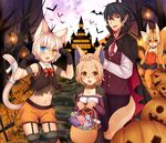  2girls animal_ears bat black_gloves blonde_hair blue_eyes blush borrowed_character candy cape cat_ears cat_tail catboy character_request commentary_request fangs food fox_ears full_moon furry furugitsune garter_straps gloves halloween heterochromia jack-o'-lantern kida_kuro_mu leonor_(kida_kuro_mu) long_hair looking_at_viewer md5_mismatch moon multiple_boys multiple_girls navel open_mouth original otoko_no_ko pointy_ears red_eyes shiro_(kida_kuro_mu) short_hair slit_pupils tail white_hair yellow_eyes 