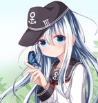  blue_eyes blue_hair bug butterfly hat hibiki_(kantai_collection) insect kantai_collection kyuupura long_hair school_uniform serafuku shirt smile solo upper_body very_long_hair 