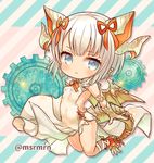  blonde_hair blue_eyes chibi claws dragon_girl dragon_wings dress gears hair_ribbon horns marshmallow_mille myr_(p&amp;d) pointy_ears puzzle_&amp;_dragons ribbon short_hair solo wings 