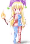  american_flag_legwear american_flag_shirt blonde_hair clownpiece hat jester_cap long_hair open_mouth pantyhose red_eyes shirt smile solo torch touhou uho_(uhoyoshi-o) 