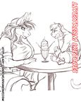  anthro canine clothed clothing cybercat dessert duo female food fur hair ice_cream larger_female male mammal monochrome mustelid sitting size_difference weasel 