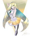  banamons bare_arms blonde_hair blue_hair breasts character_name dress empty_eyes gem green_eyes hair_over_one_eye large_breasts long_hair lusamine_(pokemon) multicolored_hair pokemon pokemon_(game) pokemon_sm simple_background sleeveless sleeveless_dress solo streaked_hair very_long_hair white_background white_dress 