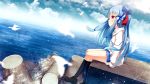  1girl animal arm_support bird black_footwear black_legwear blue_bow blue_hair blue_skirt blue_sky bow chinomaron cloud cloudy_sky commentary_request day dutch_angle foam from_side hair_bow highres hood hood_down hoodie kneehighs kotonoha_aoi long_hair long_sleeves ocean outdoors pleated_skirt red_eyes shoes sidelocks signature sitting skirt sky sleeves_past_wrists solo twitter_username very_long_hair voiceroid water white_hoodie 