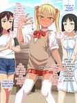  ! 3girls ? akushizu blush breasts child collarbone dress english hard_translated heart long_twintails looking_at_viewer multiple_girls open_mouth original pleated_skirt shorts skirt standing sweat tan thighhighs translated twintails w white_dress white_legwear 