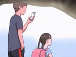  1boy 1girl age_difference animated animated_gif backpack black_hair child dppg holding holding_phone original phone randoseru smartphone twintails walking 