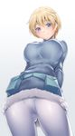  belt_pouch blonde_hair blue_eyes blush brave_witches breasts closed_mouth commentary_request crotch_seam from_below fur_trim large_breasts long_sleeves looking_at_viewer looking_down nikka_edvardine_katajainen pantyhose pouch ribbed_sweater short_hair simple_background smile solo sweater tomohiro_kai world_witches_series 