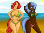  2016 anthro anthrofied anypony armpits beach big_breasts bikini blue_eyes blue_hair blue_tail breasts brown_fur clothed clothing crossgender digital_media_(artwork) duo earth_pony equine eyewear fan_character female friendship_is_magic fur glasses green_eyes hair horn horse invalid_tag keyframe looking_at_viewer mammal manestream_studios my_little_pony navel orange_fur pony red_hair red_tail seaside smile swimsuit teeth unicorn wide_hips 