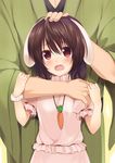  1girl :o animal_ears bangs blouse blush breasts bunny_ears carrot_necklace commentary_request cowboy_shot eyebrows eyebrows_visible_through_hair frilled_sleeves frills green_eyes hair_between_eyes hand_on_another's_arm hand_on_another's_head hand_on_another's_shoulder head_out_of_frame highres hug hug_from_behind inaba_tewi japanese_clothes jewelry kimono long_sleeves looking_at_viewer nnyara open_mouth pendant petite petting pink_blouse pink_skirt puffy_short_sleeves puffy_sleeves red_eyes ribbon-trimmed_sleeves ribbon_trim scrunchie short_hair short_sleeves skirt small_breasts solo_focus touhou wide_sleeves wrist_scrunchie yellow_background 