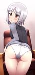  1girl ass blush brave_witches brown_eyes chair edytha_rossmann embarrassed flat_chest from_behind gunjo looking_at_viewer looking_back military military_uniform panties shiny shiny_hair shiny_skin short_hair solo strike_witches sweatdrop uniform vest world_witches_series 