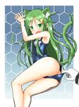 admiral_(kantai_collection) alternate_costume animal_ears armpits ass azumaya_(miyui001) bad_id bad_twitter_id bare_arms bare_shoulders cameltoe cat_ears crescent crescent_hair_ornament embarrassed fang gloves green_eyes green_hair hair_ornament highres honeycomb_(pattern) honeycomb_background kantai_collection kneepits legs long_hair looking_back lying nagatsuki_(kantai_collection) name_tag on_side one-piece_swimsuit open_mouth pulled_by_another school_swimsuit solo_focus swimsuit swimsuit_lift tail wavy_mouth 