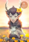 2014 5_fingers antlers artgerm blue_eyes brown_fur christmas day deer_princess english_text female flower flower_in_hair fur holidays horn looking_at_viewer outside plant pointy_ears sky solo spots text 