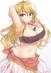  ahoge arm_behind_head arm_up armpits bandeau between_breasts blonde_hair blush breasts cleavage collarbone commentary_request cosplay covered_nipples cowboy_shot green_eyes groin halterneck highres hoshii_miki idolmaster idolmaster_(classic) large_breasts long_hair looking_at_viewer midriff mouth_hold navel oriana_thomason oriana_thomason_(cosplay) sarong shunichi sidelocks smile solo stomach strapless 