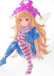  american_flag_dress american_flag_legwear bad_id bad_pixiv_id blonde_hair clownpiece dress fairy_wings hat jester_cap long_hair looking_at_viewer neck_ruff no_shoes okakan pantyhose polka_dot polka_dot_hat pom_pom_(clothes) purple_hat red_eyes short_sleeves simple_background sitting smile solo star striped striped_dress striped_legwear touhou very_long_hair wavy_hair white_background wings 