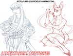  anthro cervine clothed clothing cybercat deer duo female fur hair humanoid katana looking_at_viewer magic male mammal melee_weapon monochrome nude open_mouth sword weapon 