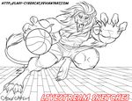  anthro armpits basketball clothed clothing cybercat fangs feline looking_at_viewer male mammal monochrome open_mouth solo teeth watermark 