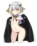  :&lt; black_gloves black_panties breasts cape capelet elbow_gloves fate/grand_order fate_(series) gendo0032 gloves jeanne_d'arc_(fate)_(all) jeanne_d'arc_alter_santa_lily looking_at_viewer navel panties short_hair silver_hair simple_background small_breasts solo topless underwear white_background white_capelet yellow_eyes 