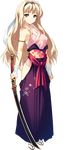  bands blonde_hair blue_eyes blush floral_print full_body hair_ornament hakama_pants headband highres holding holding_weapon kawata_hisashi kusugawa_sasara long_hair looking_at_viewer obi sandals sash solo standing sword tabi to_heart_2 to_heart_2_dungeon_travelers transparent_background weapon 