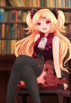  1girl akatsuki_yuni arano_oki arm_support bangs bare_shoulders black_dress black_gloves black_legwear blonde_hair blurry blurry_background book bookshelf bow chair commentary_request depth_of_field dress eyebrows_visible_through_hair feet_out_of_frame gloves hair_ornament hairclip indoors jacket legs_crossed long_hair on_chair parted_bangs partly_fingerless_gloves purple_eyes red_bow red_jacket sitting sleeveless_jacket solo thighhighs two_side_up uni_channel very_long_hair virtual_youtuber zipper_pull_tab 