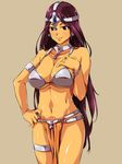  armband armor bikini_armor breasts brown_background cleavage dark_skin dragon_quest dragon_quest_iv earrings hand_on_hip huge_breasts jewelry juvecross long_hair manya navel purple_eyes purple_hair simple_background solo thigh_strap 
