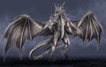  anthro claws digital_media_(artwork) dragon grey_scales isvoc male membranous_wings nude scales scalie silver_scales simple_background solo spines spread_wings standing western_dragon wings yellow_eyes 