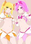  blonde_hair bow breasts brown_background choker closed_mouth cure_blossom cure_sunshine hair_bow hair_ribbon hanasaki_tsubomi heartcatch_precure! highres izuna_masaru long_hair looking_at_viewer magical_girl medium_breasts midriff multiple_girls myoudouin_itsuki navel open_mouth orange_choker orange_ribbon pink_bow pink_choker pink_eyes pink_hair ponytail precure ribbon simple_background skirt small_breasts twintails underboob wrist_cuffs yellow_eyes 