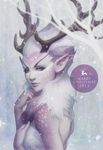  2013 animal_humanoid antlers artgerm blue_eyes breasts christmas deer_princess english_text female hair hand_on_breast holidays horn humanoid looking_aside looking_at_viewer pointy_ears side_view snow solo spots text white_hair 