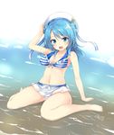  :d alternate_costume arm_support bangs bare_arms bare_legs bare_shoulders barefoot bikini blue_eyes blue_hair breasts collarbone double_bun eyebrows_visible_through_hair full_body hair_between_eyes hat hat_ribbon indigorabbit kantai_collection large_breasts light_blush looking_at_viewer navel ocean open_mouth partially_submerged ribbon sailor_hat sarong signature sitting sky smile solo striped striped_bikini swimsuit urakaze_(kantai_collection) wariza water white_hat 