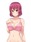  :| arato_hisako bare_arms bare_shoulders blush bra breasts cleavage closed_mouth cold_(hoshinoskull) collarbone groin hair_between_eyes large_breasts looking_at_viewer navel no_panties out-of-frame_censoring pink_bra purple_hair red_eyes shokugeki_no_souma short_hair solo stomach underwear underwear_only v-shaped_eyebrows white_background 