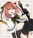  astolfo_(fate) bell bird black_legwear capelet cosplay fang fate/grand_order fate_(series) fur_trim garter_straps hair_ribbon hat heart jeanne_d'arc_(fate)_(all) jeanne_d'arc_alter_santa_lily jeanne_d'arc_alter_santa_lily_(cosplay) jpeg_artifacts long_hair looking_at_viewer male_focus midriff nagatsuki_take navel open_mouth otoko_no_ko pink_hair ponytail purple_eyes ribbon santa_costume santa_hat smile spoken_heart sword thighhighs weapon white_santa_costume 