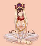  bare_shoulders bead_necklace beads bikini bikini_under_clothes black_hair breasts cleavage cold_(hoshinoskull) earrings fate/grand_order fate_(series) full_body hair_between_eyes hat hoop_earrings indian_style jewelry large_breasts long_hair looking_at_viewer necklace parted_lips pink_background prayer_beads purple_eyes robe sandals single_earring sitting smile solo swimsuit thighhighs underboob v_arms very_long_hair white_bikini white_legwear wristband xuanzang_(fate/grand_order) 