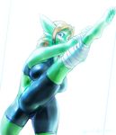  anthro armpits blue_eyes breasts equus female green_skin lizard non-mammal_breasts reptile scalie simple_background solo standing tan_hair white_background 