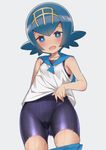  :d armpits ass_visible_through_thighs bangs bare_shoulders blue_eyes blue_hair blue_sailor_collar blush bodysuit breasts cameltoe collarbone colored_eyelashes covered_navel cowboy_shot crotch flipped_hair from_below grey_background hairband hizuki_akira lifted_by_self looking_at_viewer open_mouth pants_down pokemon pokemon_(game) pokemon_sm sailor_collar shiny shiny_clothes shirt shirt_lift short_hair simple_background skin_tight skindentation sleeveless sleeveless_shirt small_breasts smile solo standing suiren_(pokemon) trial_captain wet wet_clothes white_shirt 