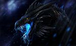  blue_tongue blurred_background digital_media_(artwork) dragon headshot horn isvoc open_mouth saliva scalie scar smooth_horn solo spines teeth western_dragon yellow_eyes 