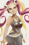  bare_arms blonde_hair crop_top eyeshadow hair_ornament highres holding holding_poke_ball jewelry long_hair looking_at_viewer makeup multicolored_hair myouji_namawe necklace pink_hair plumeri_(pokemon) poke_ball pokemon pokemon_(game) pokemon_sm quad_tails skull_hair_ornament solo tank_top teeth two-tone_hair uneven_eyes yellow_eyes 