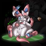  3_toes anus blue_eyes bow eeveelution feathers female feral looking_at_viewer lying nintendo on_back one_eye_closed pawpads pok&eacute;mon pussy renaayama saliva spread_legs spreading sylveon toes video_games vore 