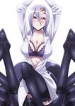  absurdres arachne arms_up blush bra breasts carapace cleavage cowboy_shot extra_eyes eyes_visible_through_hair garters hair_between_eyes hair_over_one_eye highres insect_girl large_breasts lavender_hair md5_mismatch monster_girl monster_musume_no_iru_nichijou multiple_legs official_art open_clothes open_shirt parted_lips rachnera_arachnera red_eyes resized shirt simple_background solo spider_girl underwear upscaled white_background 