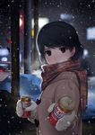  black_hair brown_eyes can canned_coffee cityscape coat coffee domestic_na_kanojo duffel_coat from_side gloves incoming_drink looking_at_viewer mittens night plaid plaid_scarf sasuga_kei scarf short_hair snow snowing solo tachibana_rui winter winter_clothes 