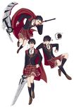  annoyed artist_name black_hair black_legwear cape chaotichero crossdressing highres kneehighs looking_to_the_side male_focus multiple_views open_mouth plaid plaid_skirt pleated_skirt qrow_branwen red_eyes rwby school_uniform scythe signature simple_background skirt spiked_hair teenage wavy_mouth white_background younger 