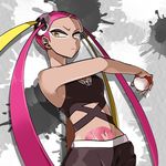  bare_arms black_pants blonde_hair breasts closed_mouth crop_top enuenugoshikku eyeshadow groin hair_ornament holding holding_poke_ball jewelry long_hair looking_away looking_to_the_side makeup medium_breasts multicolored_hair navel necklace pants pink_hair plumeri_(pokemon) poke_ball poke_ball_(generic) pokemon pokemon_(game) pokemon_sm quad_tails small_breasts solo two-tone_hair very_long_hair yellow_eyes 