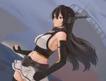 armpits bare_shoulders black_gloves black_hair black_legwear breasts brown_eyes cold_(hoshinoskull) cowboy_shot dutch_angle elbow_gloves fingerless_gloves from_side gloves headgear highres kantai_collection large_breasts long_hair looking_at_viewer looking_to_the_side miniskirt nagato_(kantai_collection) pleated_skirt sideboob skirt solo thighhighs 